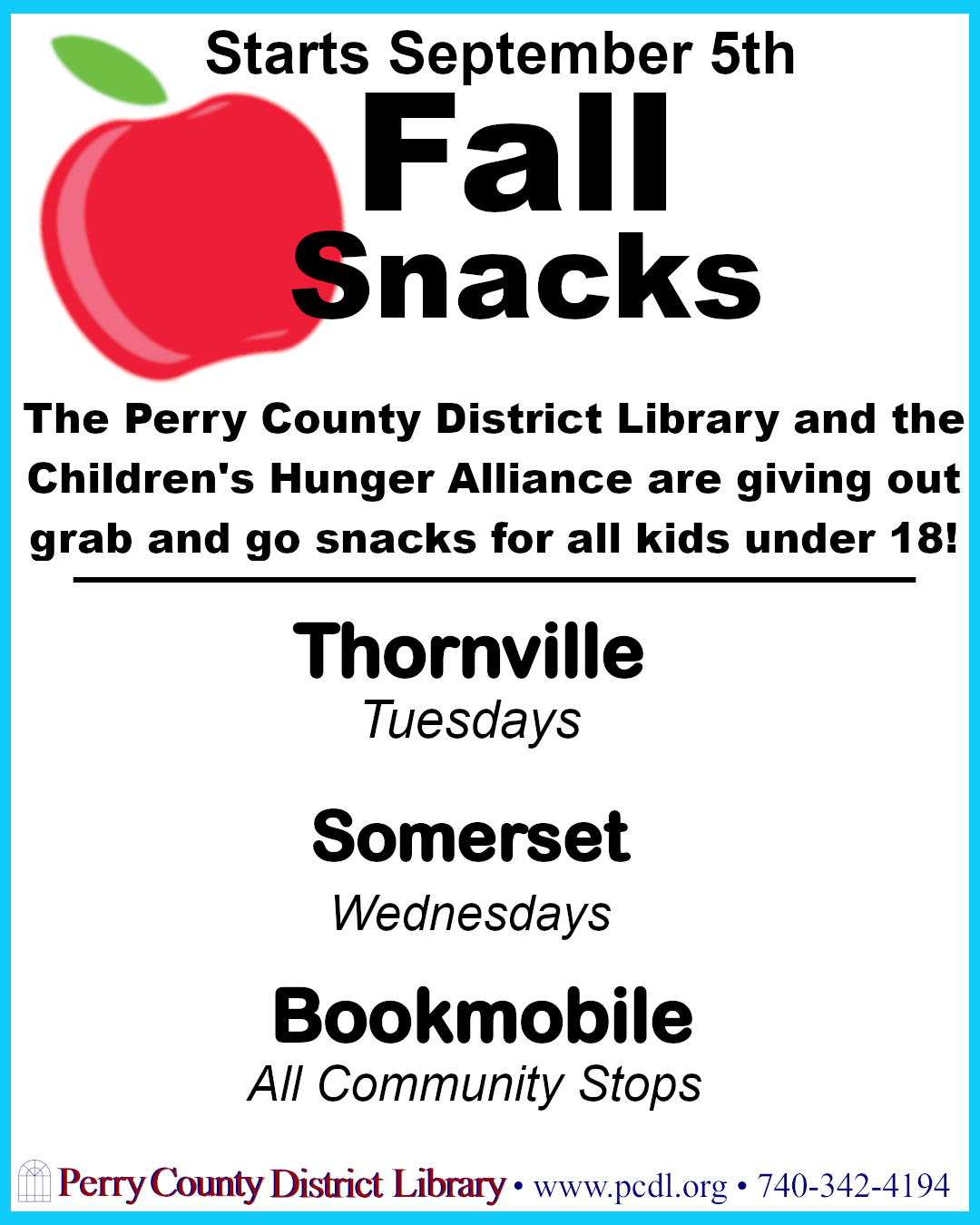 Thornville and somerset snacks all day whenever open, and at all bookmobile community stops